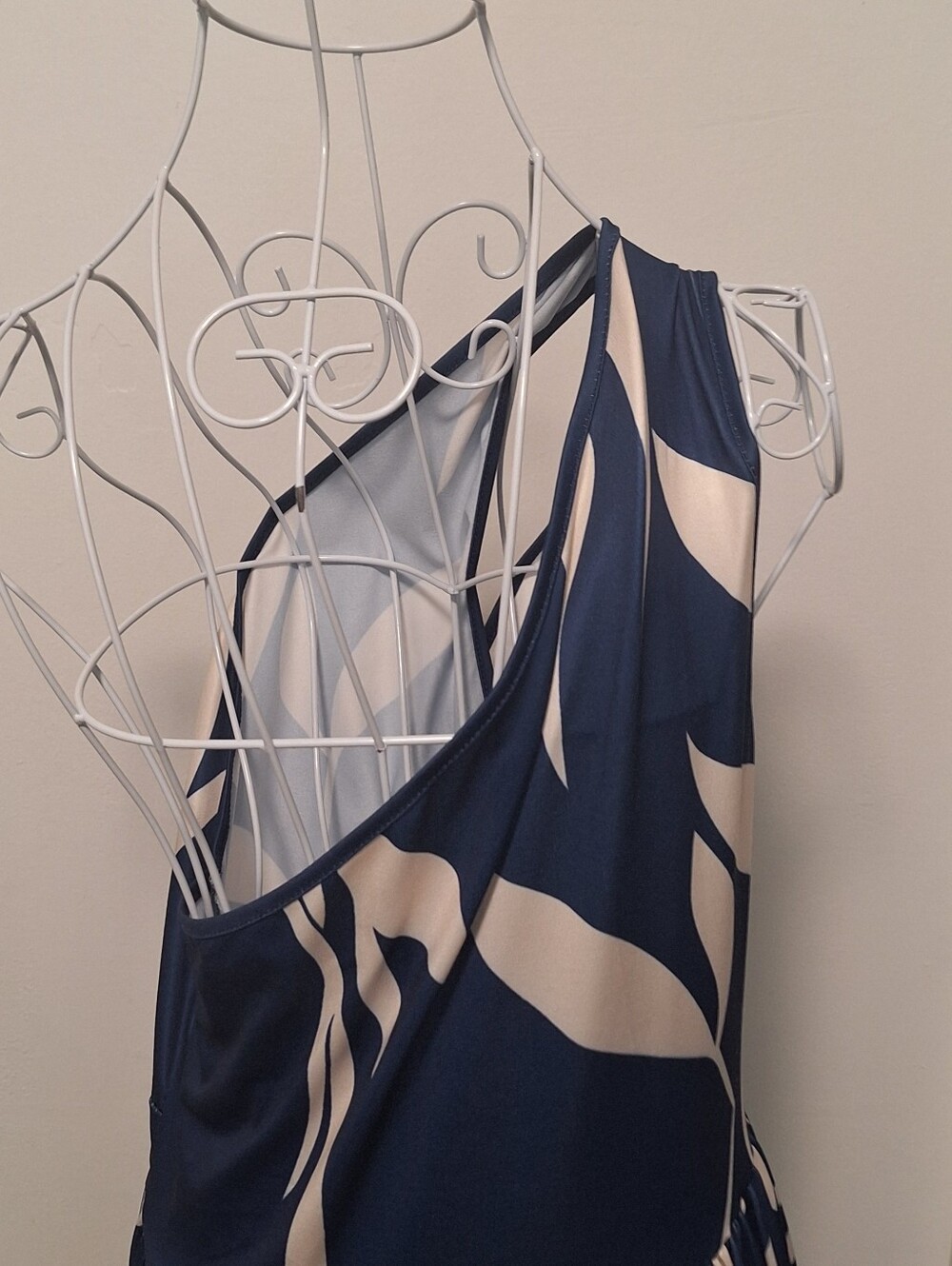 Shein One Shoulder Oblique Neck Floral Print Slit Helm Long Dress Navy &Cream L - Picture 7 of 11
